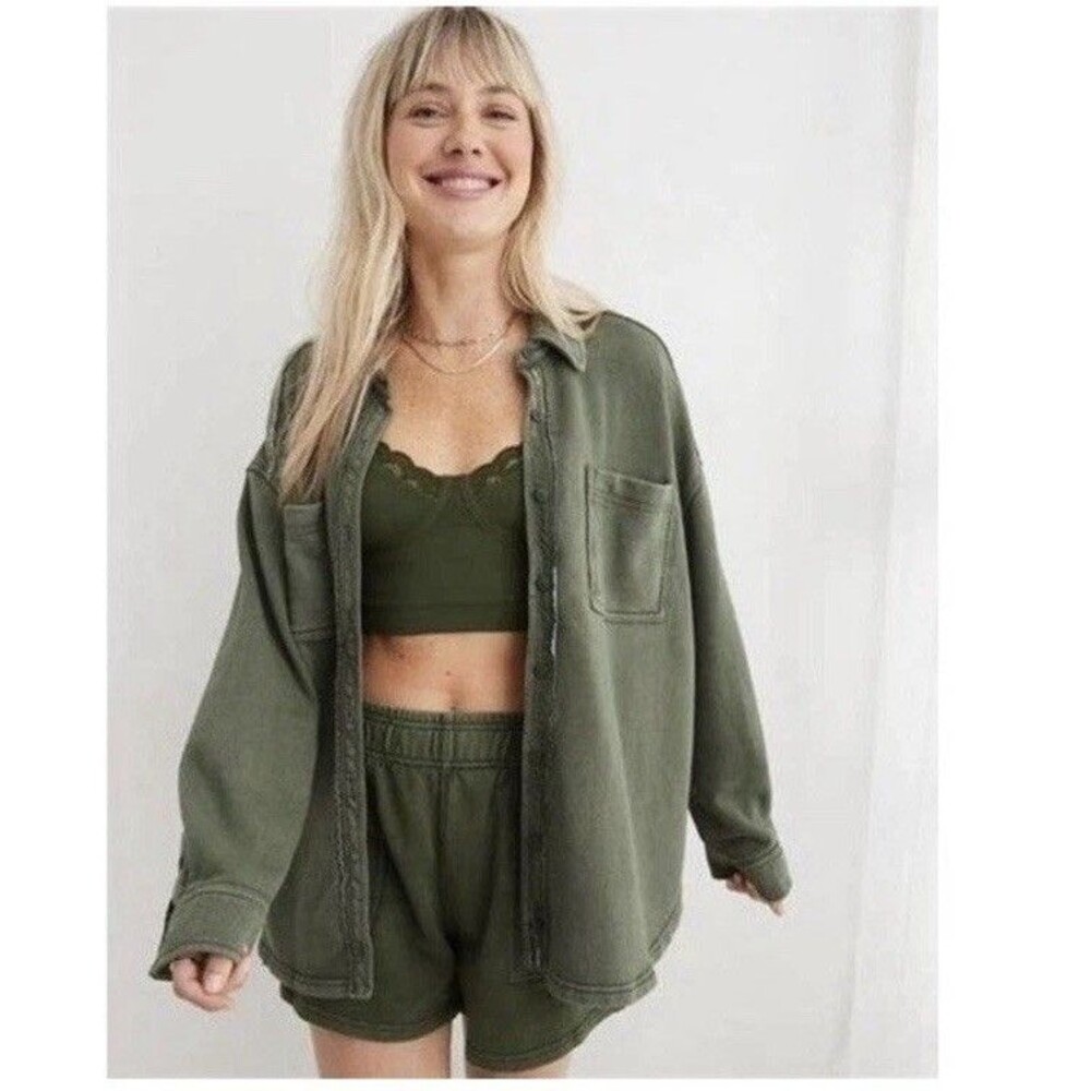 Aerie Lumberjane Fleece Shirt Oversized Pockets Green Size XXS